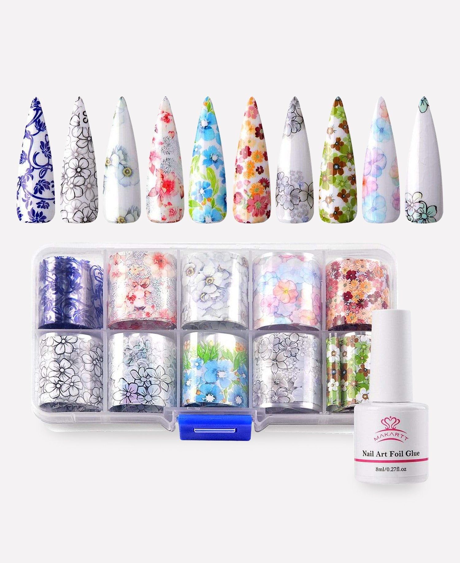 Nail Art Foil Glue with TRANSPARENT FLOWER FOIL Stickers Set