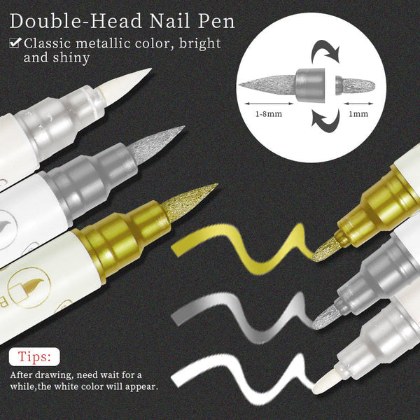 Nail Art Double-headed Graffiti Brush Pens Set – METALLIC Glitter (10pc)